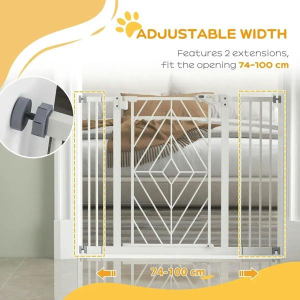 White adjustable-width dog stair gate with extension side posts for 74–100 cm openings