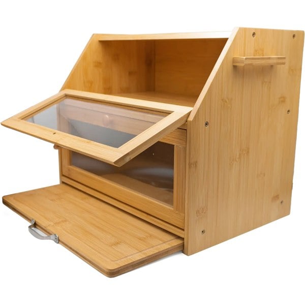 Maison des Cadeaux Large 2-Compartment Bamboo Bread Bin with Sliding Chopping Board