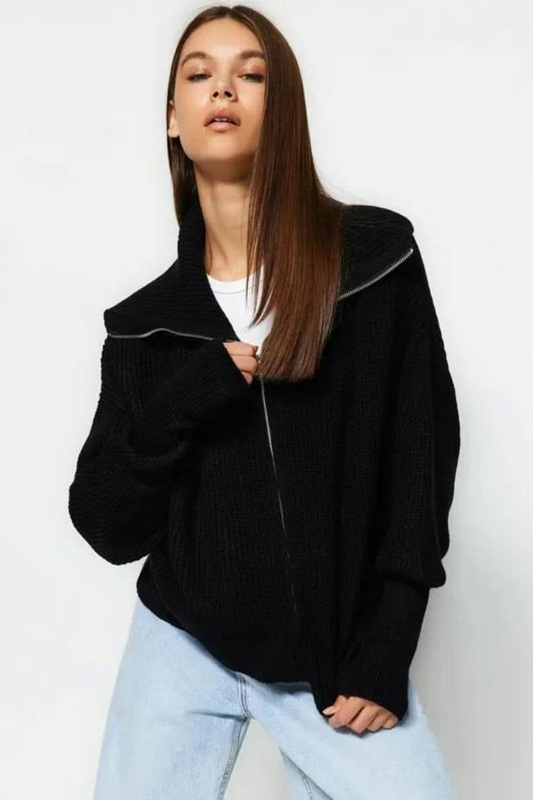 Hoxton Gal Oversized Draped Collar Zip-Up Knit Cardigan