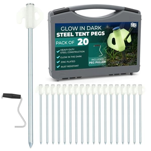 Adventure Peaks Steel Tent Pegs with Glow Heads - Set of 20 Zinc Plated Metal Ground Pegs with Peg Puller, Camping & Gazebo Pegs