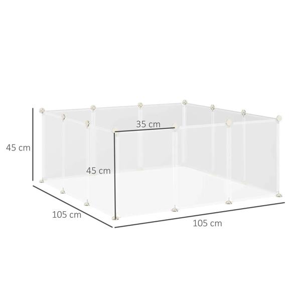 White plastic pet playpen with labeled dimensions and 12 connected panels, open enclosure