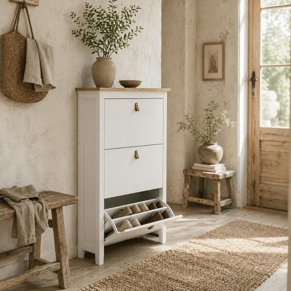 Wyld Haus Makeve Wooden White and Natural Modern 3 Drawer Shoe Cabinet Faux Leather Handles