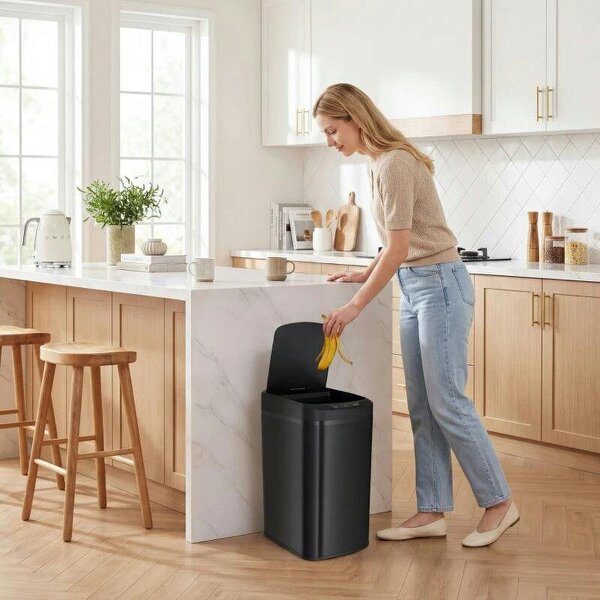 12L Sensor Bin, Automatic Touchless Motion Sensor Kitchen Bin with Fingerprint Resistant Stainless Steel, Black - Black