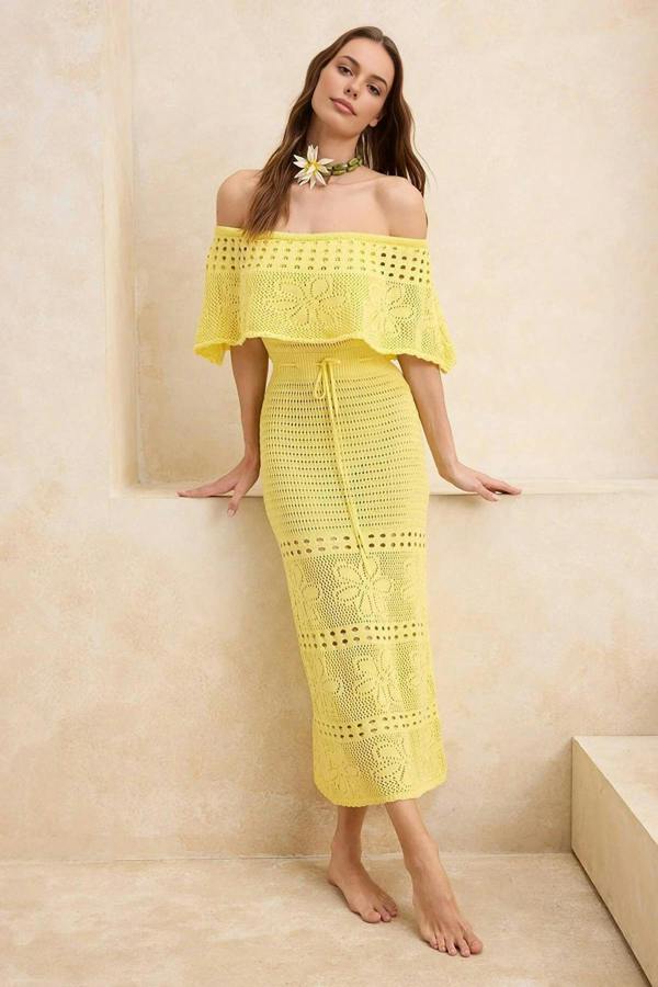 WOVCOR Knitted Maxi Carmen Neck Beach Dress