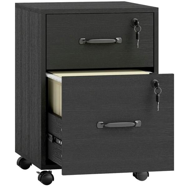 Black rolling file cabinet with two drawers, curved pulls, and lock keys on casters