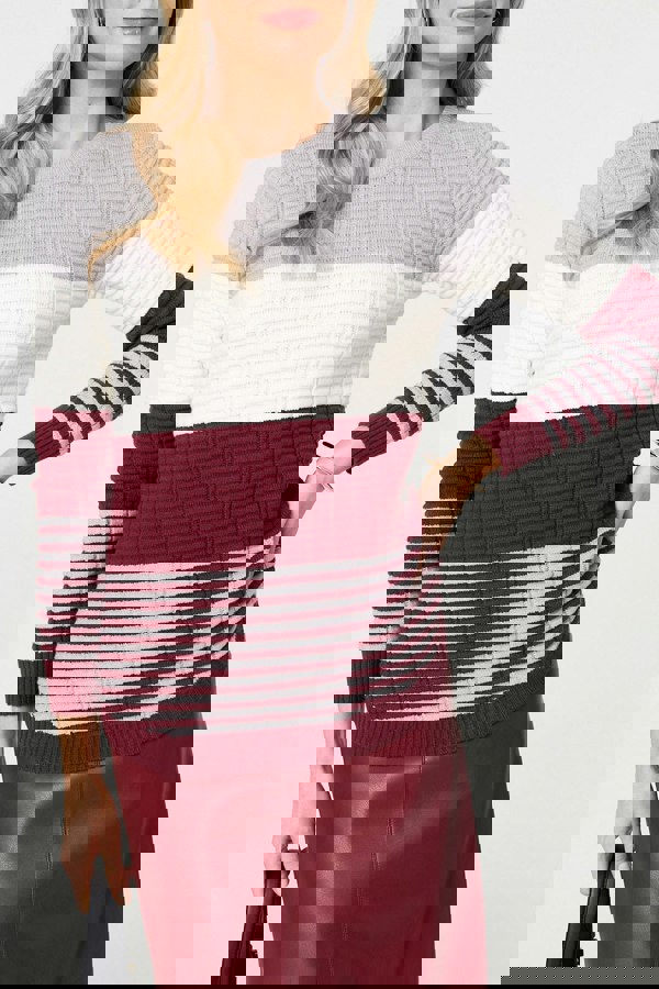 Red | Colour Block Textured Curve Hem Jumper
