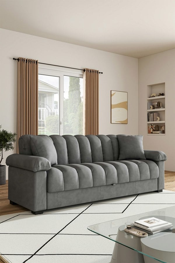 Living and Home Grey Flannelette Striped Convertible Sleeper Sofa Bed Recliner with Two Pillows