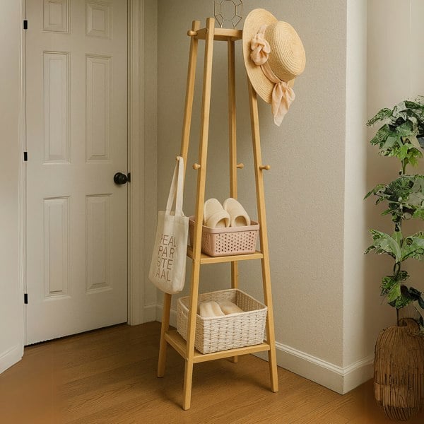 BMBO Wooden Coat Rack Stand With 3 Shelves