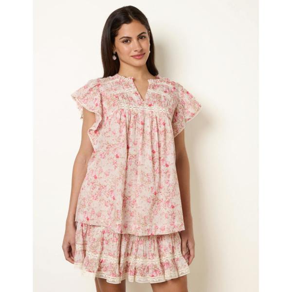 Blue Vanilla Ditsy Floral Cotton Ruffle Sleeve Top