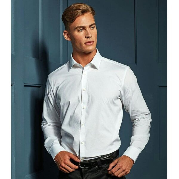Premier Mens Stretch Fit Poplin Long Sleeve Shirt - White