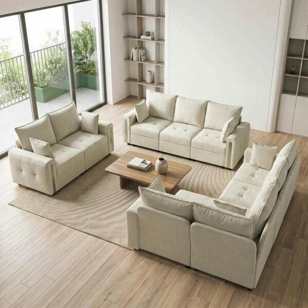 228cm L Shaped Sofa with Lift-Up Storage, 3-Seater Sectional Sofa with Wide Deep Seat, Beige
