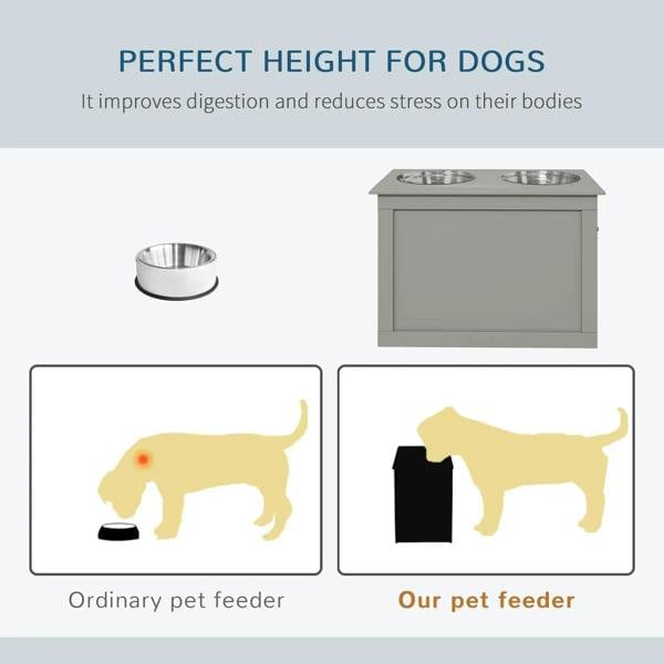 Grey raised dog bowl feeder with two stainless steel bowls for easier eating.