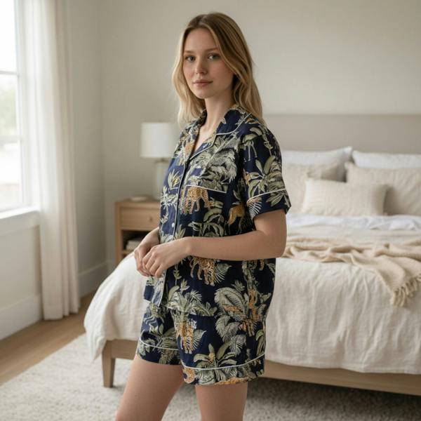 Hayley & Co Giraffe Print 100% Cotton Short Pyjama Set in Dark Blue