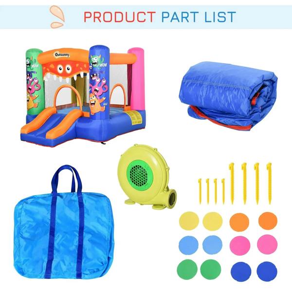 Inflatable bounce castle kit components: castle, air pump, stakes, and colored plugs