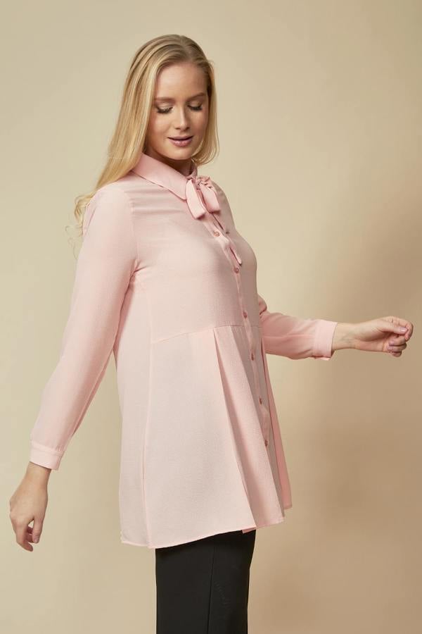Hoxton Gal Oversized Long Sleeve Relaxed Pleated Fit Shirt with Tie Detail in Pink