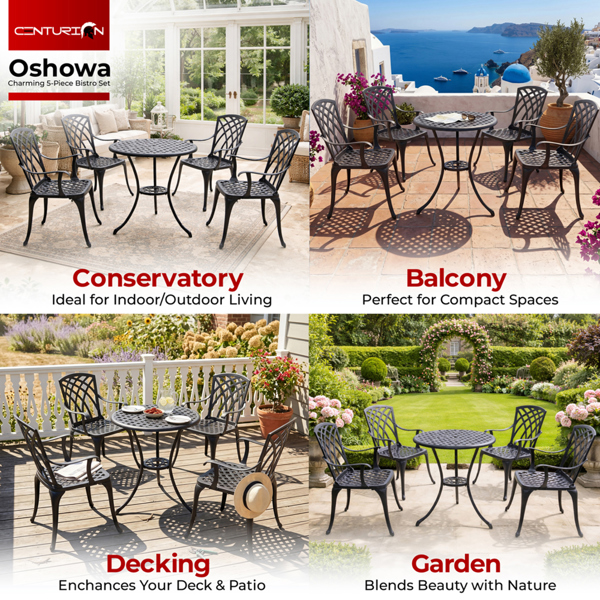 Centurion Supports OSHOWA Garden and Patio Table and 4 Large Chairs with Armrests Cast Aluminium Bistro Set - Black