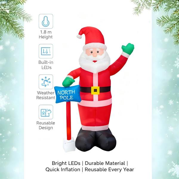 1.8m to 2.4m Inflatable Waving Santa with North Pole Sign, White LED Lights image 6