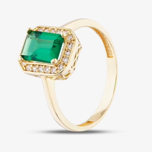 T. H. Baker 9ct Yellow Gold Green Emerald Cut Cubic Zirconia Halo Ring RBE047G