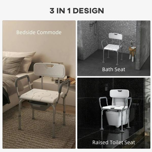 White 3-in-1 shower seat-style commode with armrests and backrest, detachable bucket