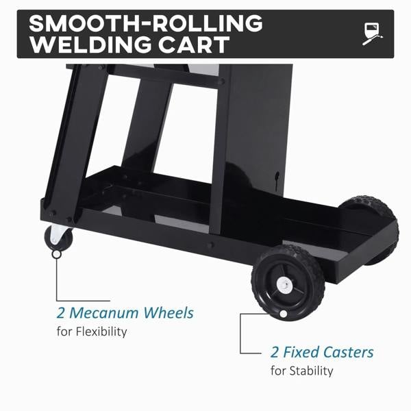 Black welding cart with open base, two large wheels, and two fixed casters