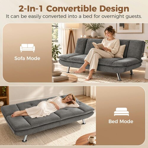 HOMCOM Sofa Bed, Chenille Fabric 3 Seater Futon Sofa Bed, Wide Seat, Grey