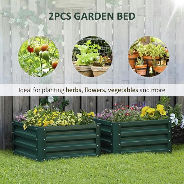 Two green steel garden bed planters with raised sides for planting