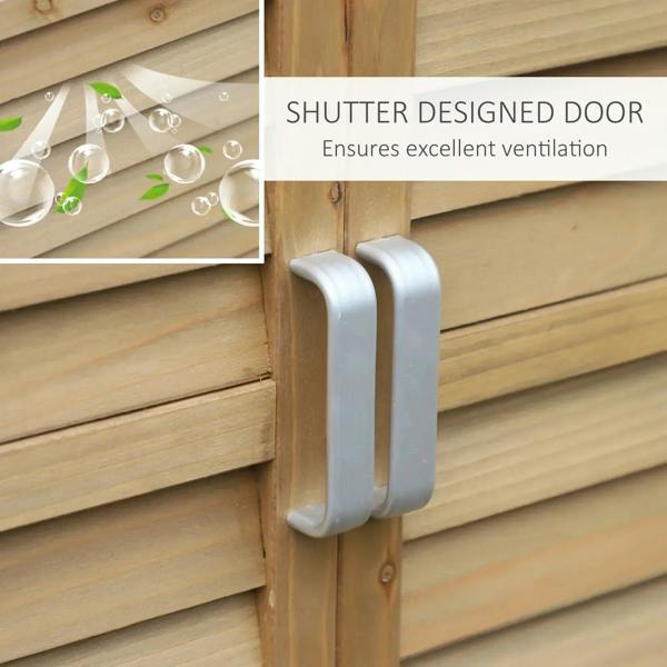 Wooden shed door with white metal handle and ventilated shutter panels