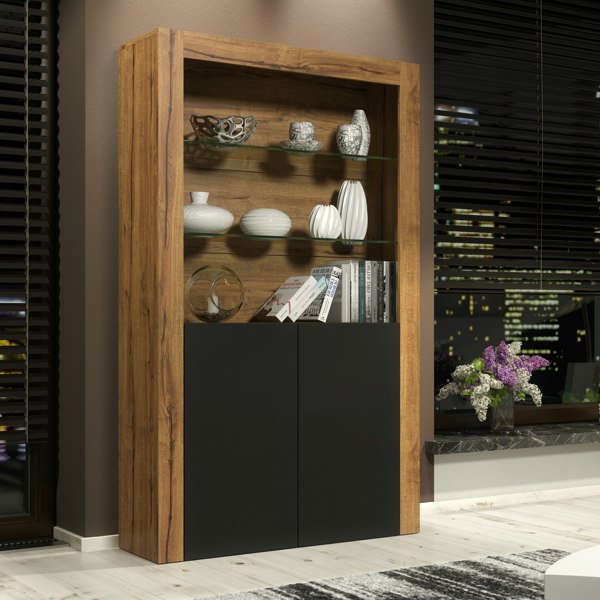 Mex Furniture Tall Display Cabinet 170cm Oak Matt Body and Black Matt Doors – Modern Open Shelving Unit