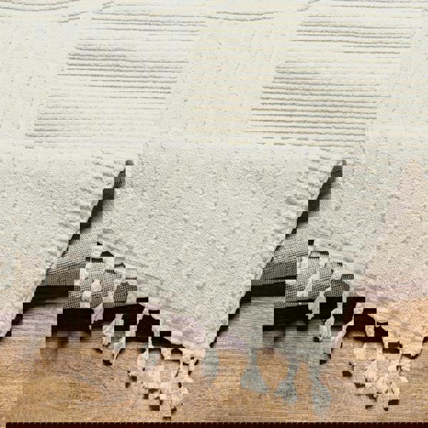 Livabliss Nora-Geometric Grey Ivory High Pile Fringe Rug