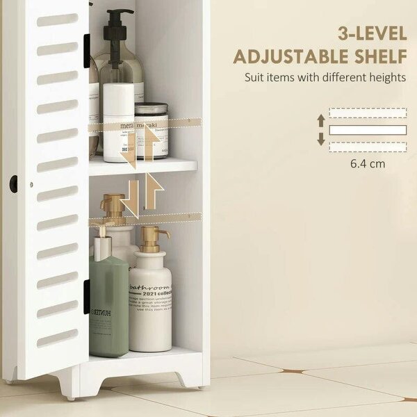 Bathroom Floor Cabinet, Bathroom Storage Unit with Louvered Door, Open Shelf, Adjustable Shelf, White, 22 x 20 x 75 cm