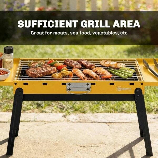 Bobobiy Portable BBQ Grill, Foldable Charcoal Grill for Camping and Picnics with 2 Side Shelves and Handle, Yellow