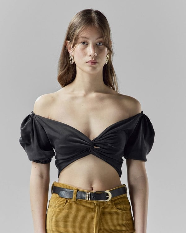 Frolickers Convertible Puff-Sleeve Crop Top - Black