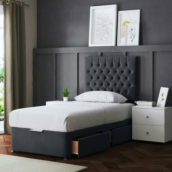 DS Living Seraphine Divan Bed with Upholstered Headboard - Two Drawers - Steel (Grey) - Small Single