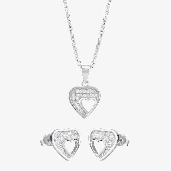 T. H. Baker Silver Pave Cut-Out Heart Pendant and Earring Set E612067+E612067-P