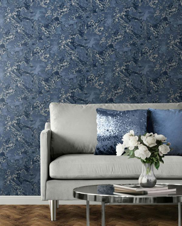Elixir Marble Blue & Silver Wallpaper
