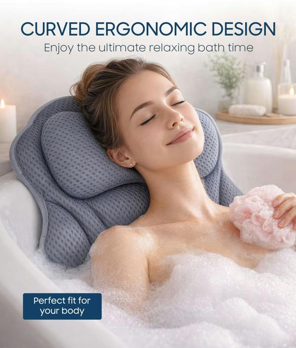 ADOV Bath Pillow, Ergonomic 4D Air Mesh Headrest Cushion with 6 Suction Cups for Head, Neck and Back Support