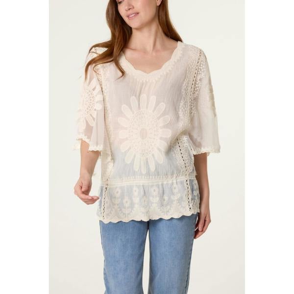 Blue Vanilla Sun Flower Lace Sleeve Blouse