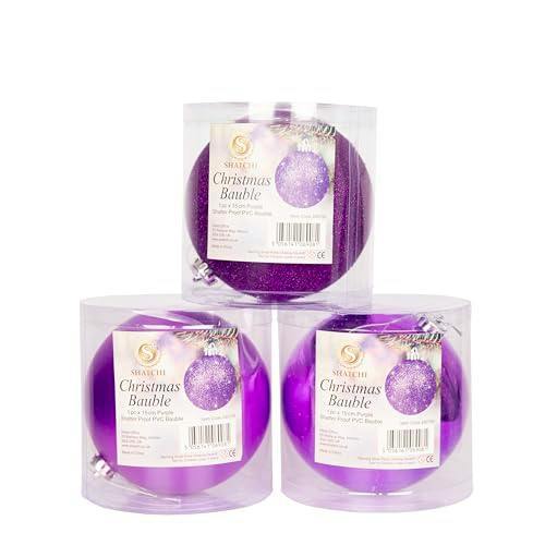 Shatchi 15cm Purple Shatterproof Christmas Baubles Set of 3 for Tree, Garland and Home Decor