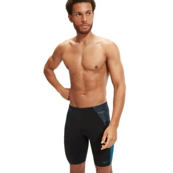 Speedo Endurance+ Max Splice black and teal swim jammer with textured waistband