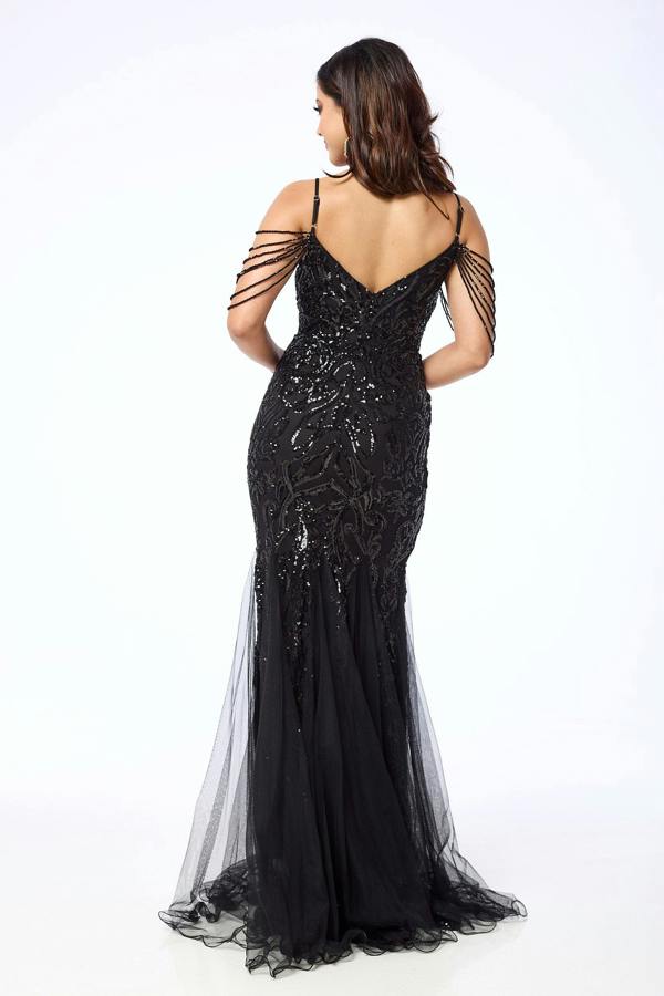 LuvForever Alora - Black Jewelled Shoulder Sequin Maxi Dress