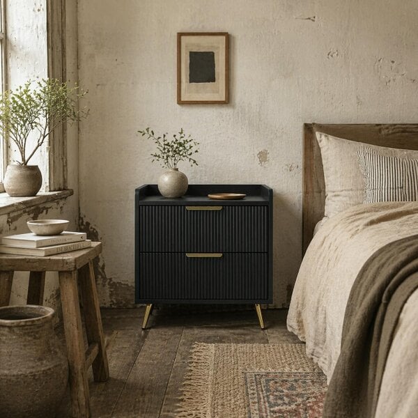 Wyld Haus Vevele Black Elegant 2 Drawer Ribbed Bedside Table with Gold Accents
