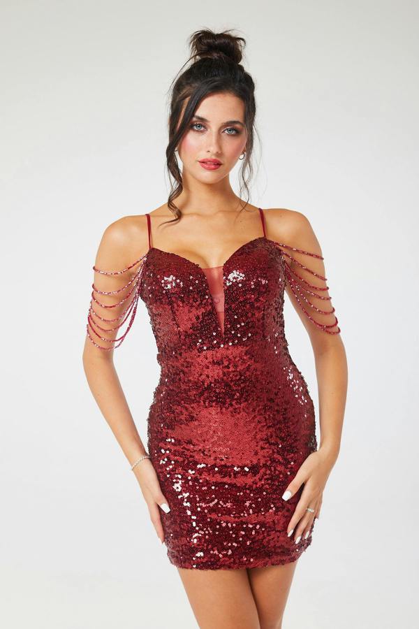 LuvForever Wine Jewelled Shoulder Sequin Mini Dress