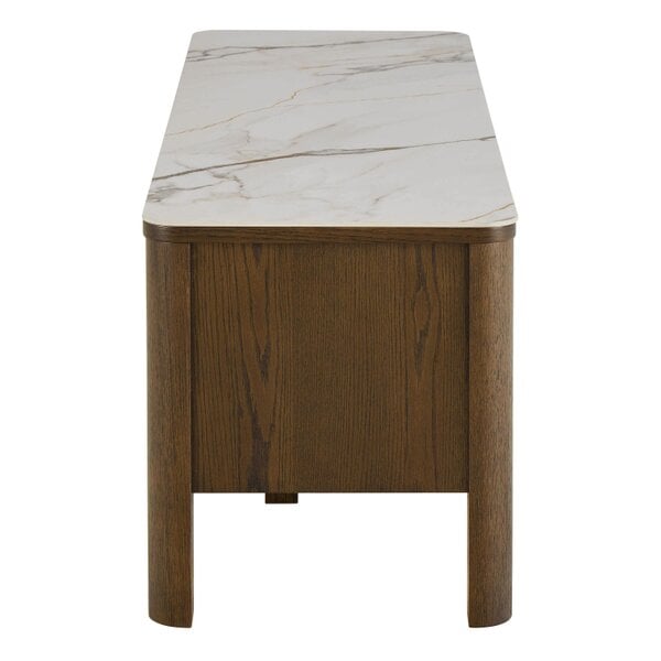 Wyld Haus Cork Oak Veneer TV Unit with Cream Ceramic Top 2 Drawers 2 Shelves