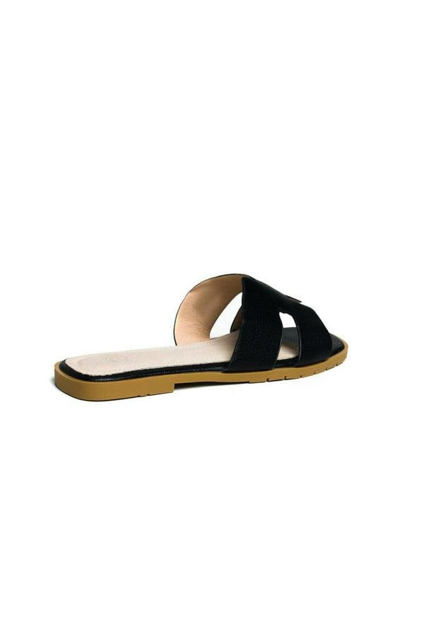 Nora Faux Leather Slip On Sandals - BLACK