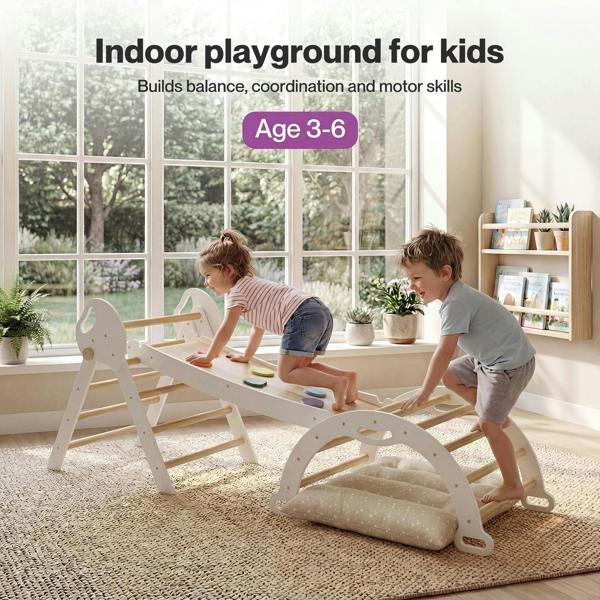 DEKKO 8 in 1 Triangle Climbing Set Kids Wooden Climber with Arch Slide White