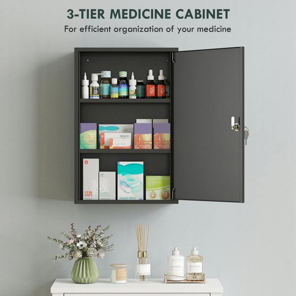 kleankin 3-Tier Steel Wall Mount Medicine Cabinet with 2 Keys, Black