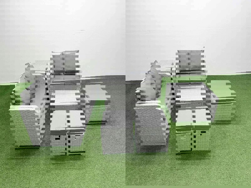 Fimous 7 Seater Outdoor Love Sofa Set Rattan Garden Furniture Set with Rectangular Coffee Table 3 Footstool Side Table Light Grey