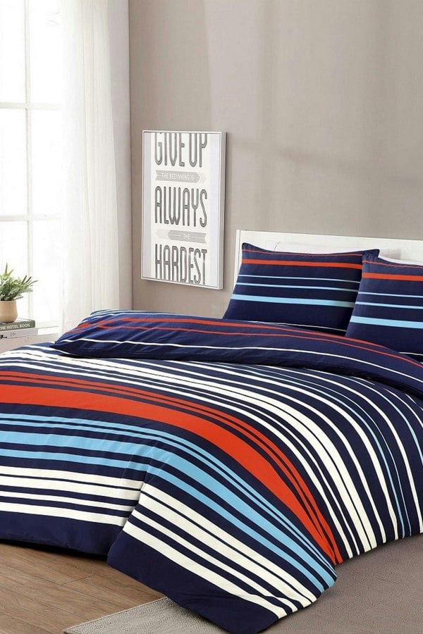 HomeSpace Direct Pedro Multi Stripe Duvet Cover Set Blue/Red Fresh and Modern Bedding