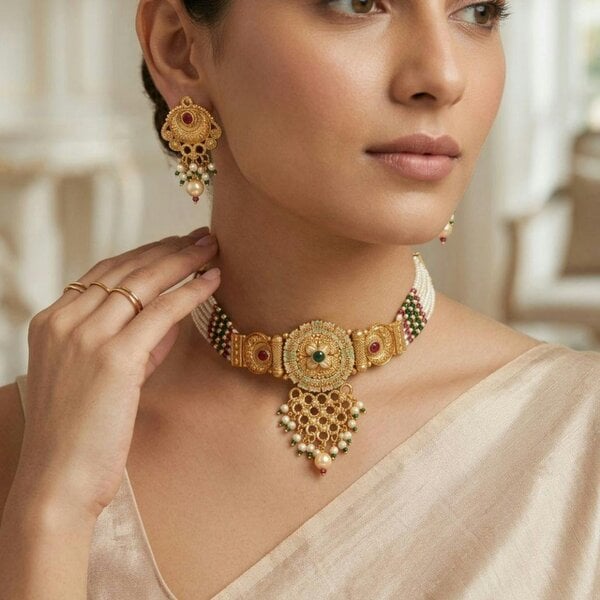 The Colourful Aura 18k Gold Plated Kundan Choker Necklace Set with Earrings