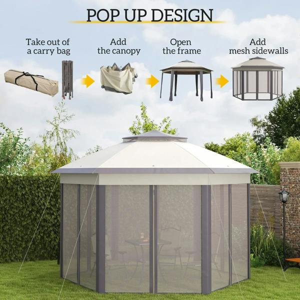 Beige hexagon pop-up gazebo canopy with mesh curtains and pop-up frame